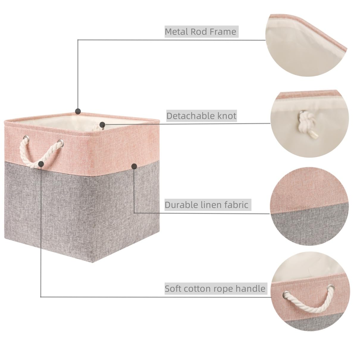 Mangata Canvas Cube Storage Boxes, 25x25x25cm Storage Baskets for Shelves Organizing Clothes Nursery Home(Grey/Pink, Set of 4)