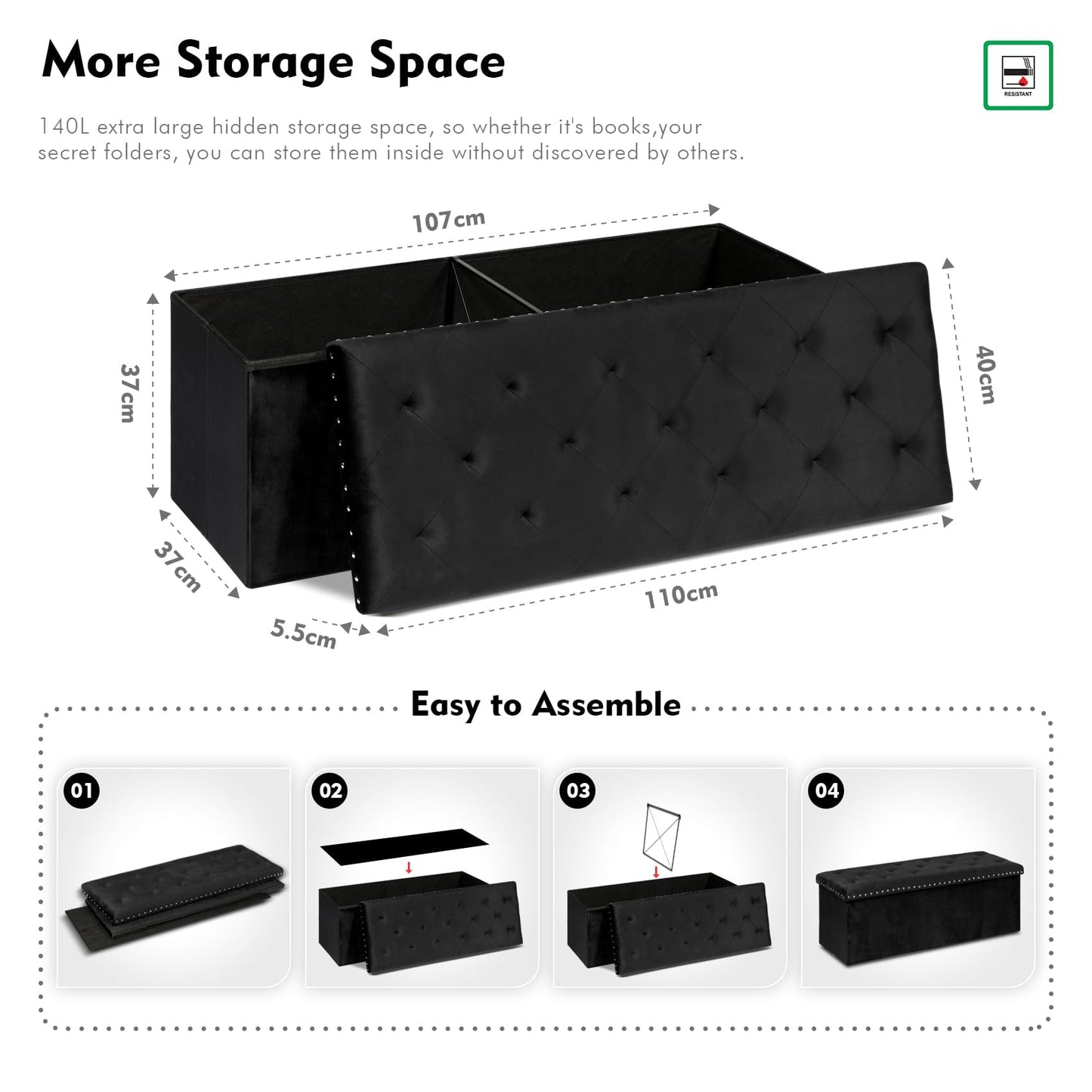 Bonlife Velvet Ottoman with Storage,Extra Large Storage Boxes with Lids, Folding Ottoman Bench Seat,Footstool for Living Room,110X40X40cm
