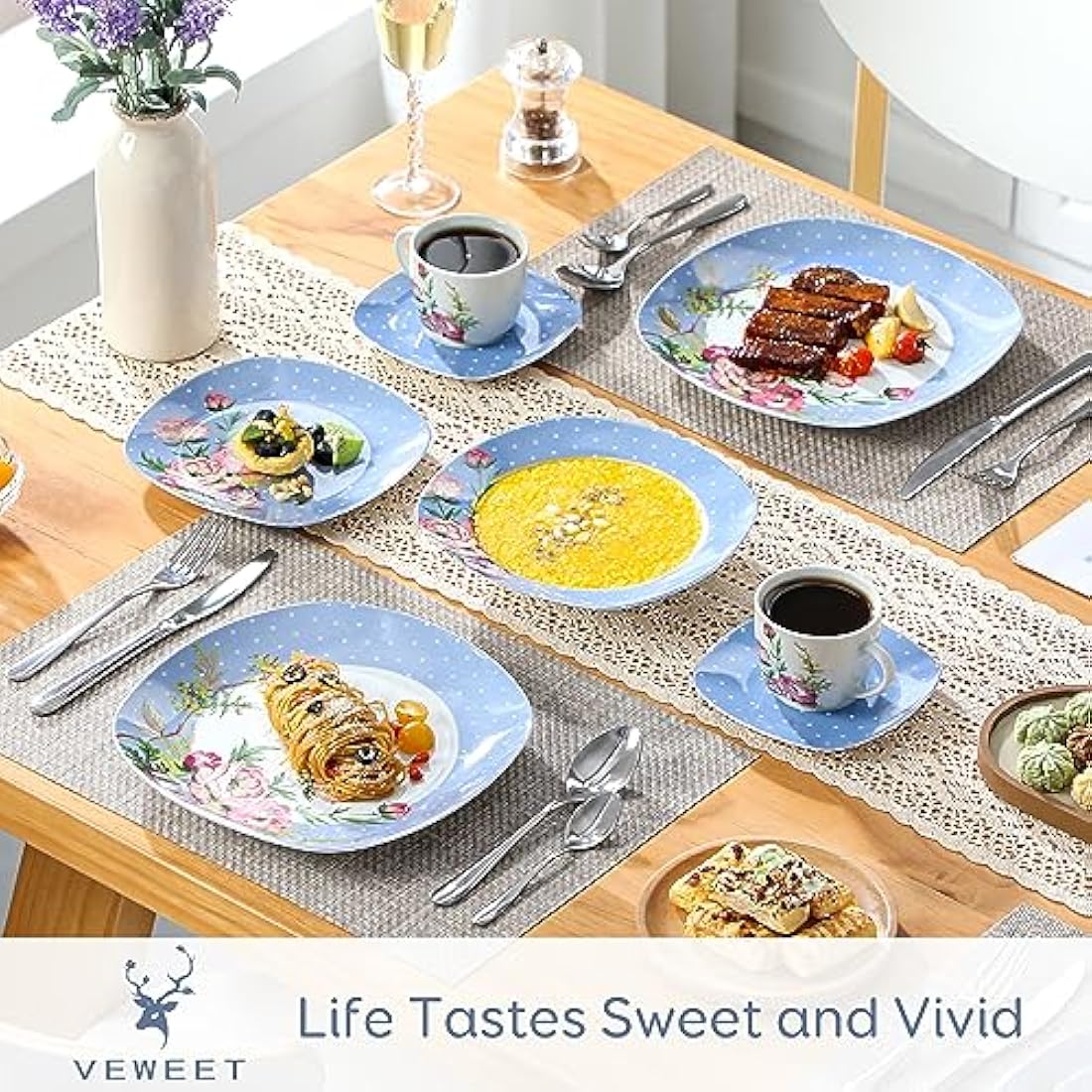 VEWEET 'Hannah' 30-Piece Dinner Set Blue White Dots Pink Flower Porcelain Pattern Combination Set with Dessert Plates Soup Plates Dinner Plates Cups Saucers Service for 6