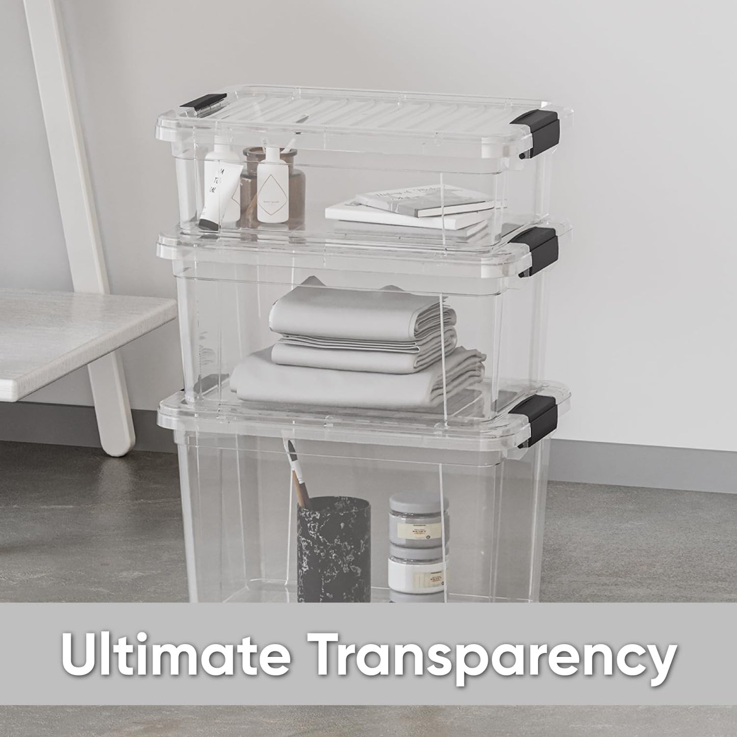 Superio Clear Storage Box with Lid, 26.5 Quart Plastic Container Bins for Organizing, Stackable Crates, BPA Free, Non Toxic, Odor Free