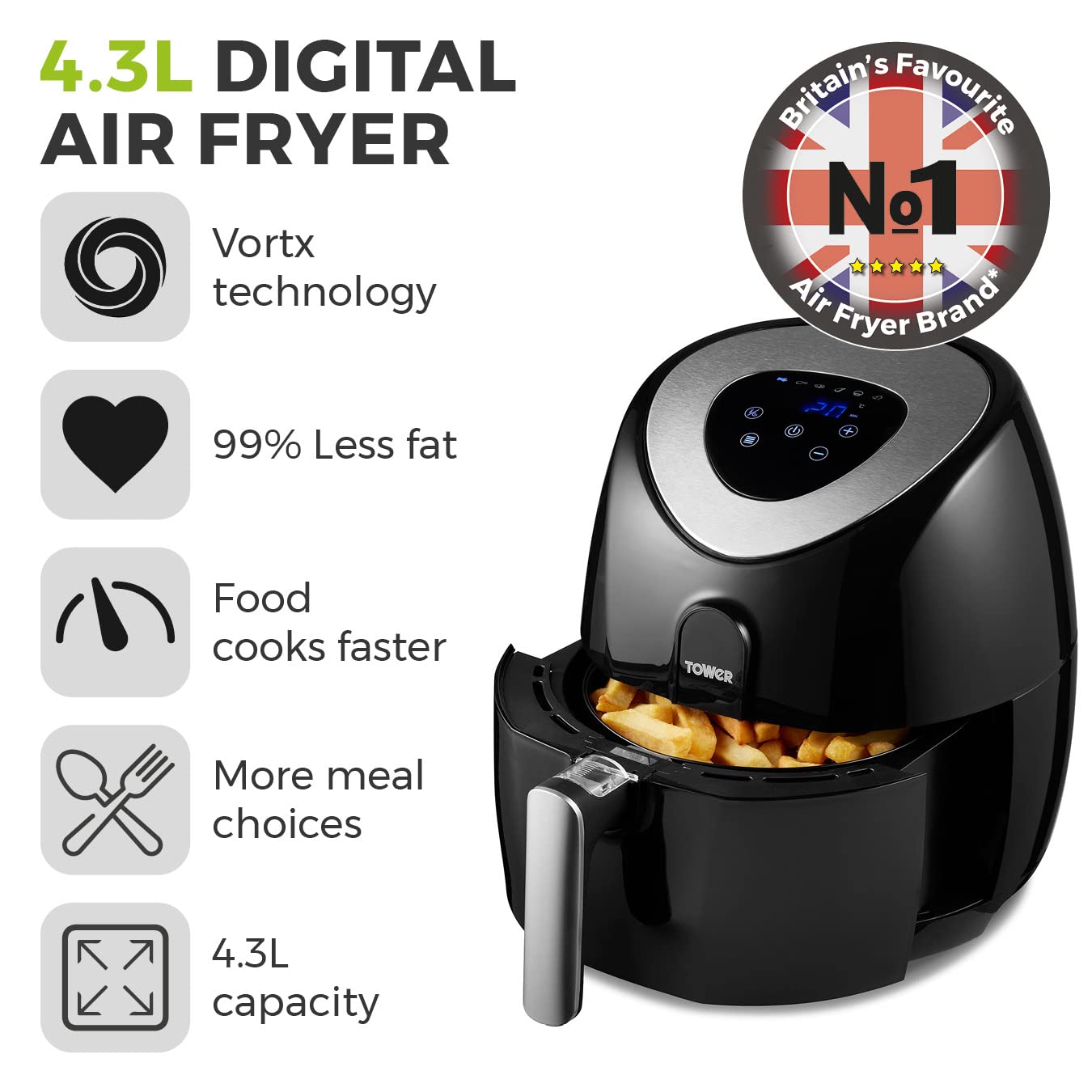 Tower Vortx T17024 Digital Air Fryer Oven with Rapid Air Circulation and 60 Min Timer, 4.3 Litre, Black