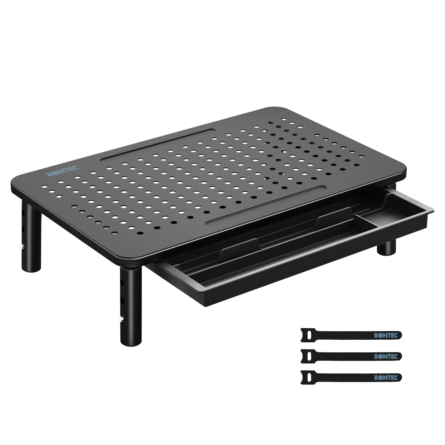 BONTEC Monitor Stand with Drawer, 3 Height Adjustable Monitor Riser for Desk, Mesh Platform for Laptop, Computer, iMac, Printer up to 20KG, Desk