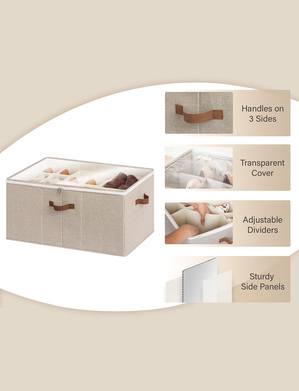 StorageWorks Shoe Organizer for Closet, Extra Large Fabric Shoe Storage Bins with Clear Cover, Adjustable Dividers for Shoe Storage, Mixing of Brown &
