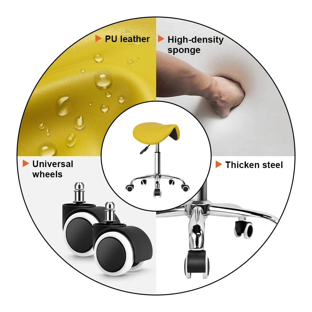 KKTONER Rolling Saddle Stool PU Leather Swivel Adjustable Rolling Stool with Wheels Salon Chair (Yellow)