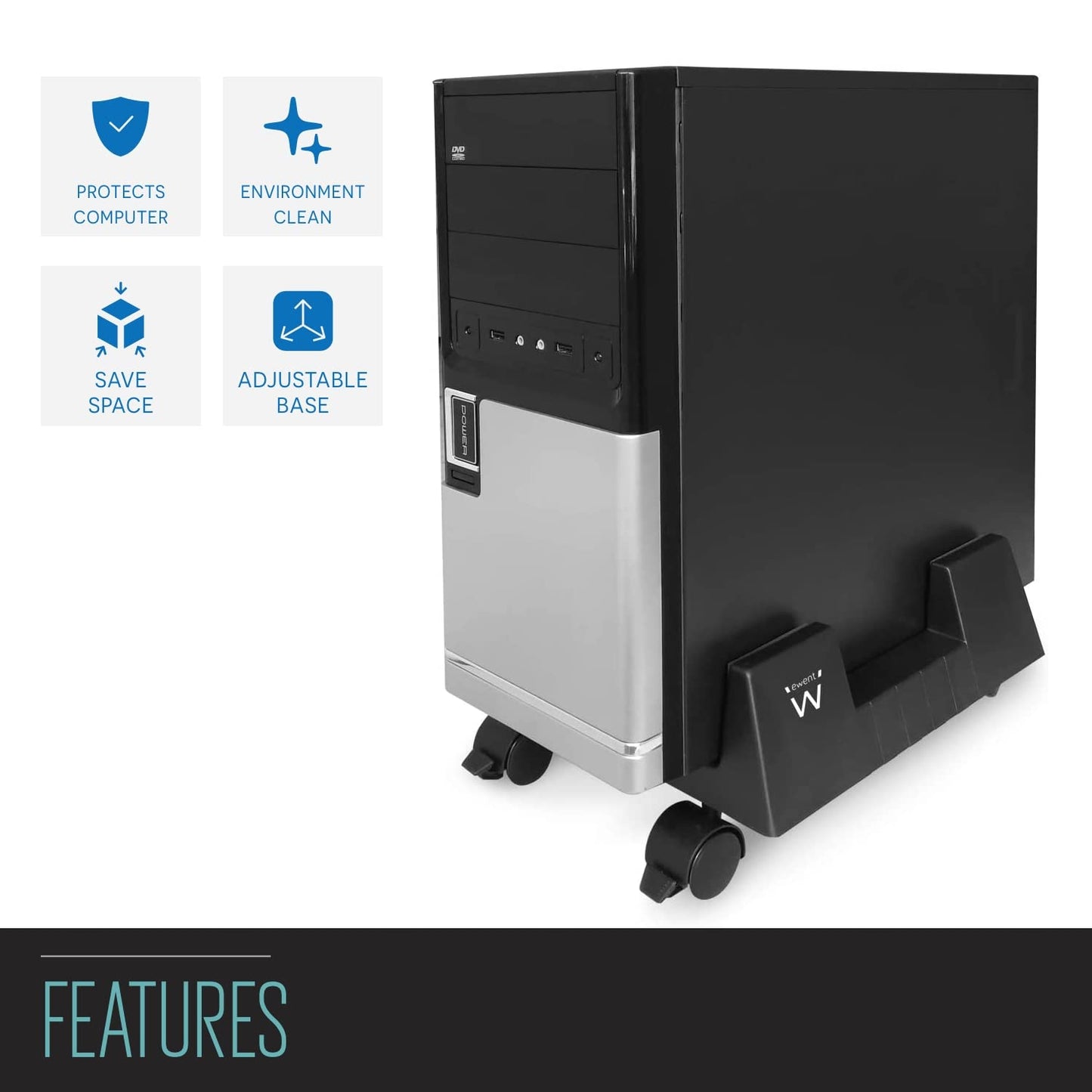 Desktop Computer Support, Mobile PC Case Support - ABS, with 4 Casters and Adjustable Base