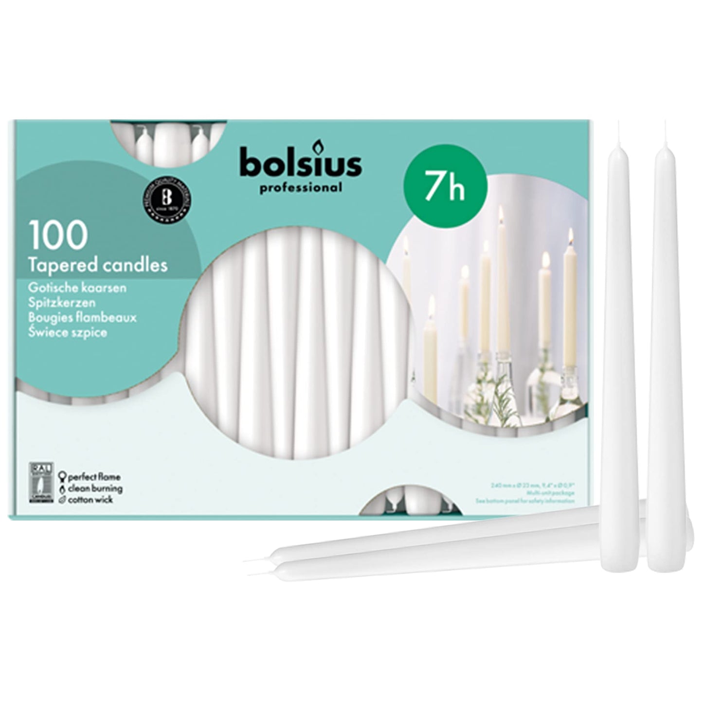 Bolsius Tapered Dinner Candles (Pack of 100), White, Length: 25.4 cm/10 inch, Wax Candles, Tabletop Restaurant Candles, Romantic Dining, P960