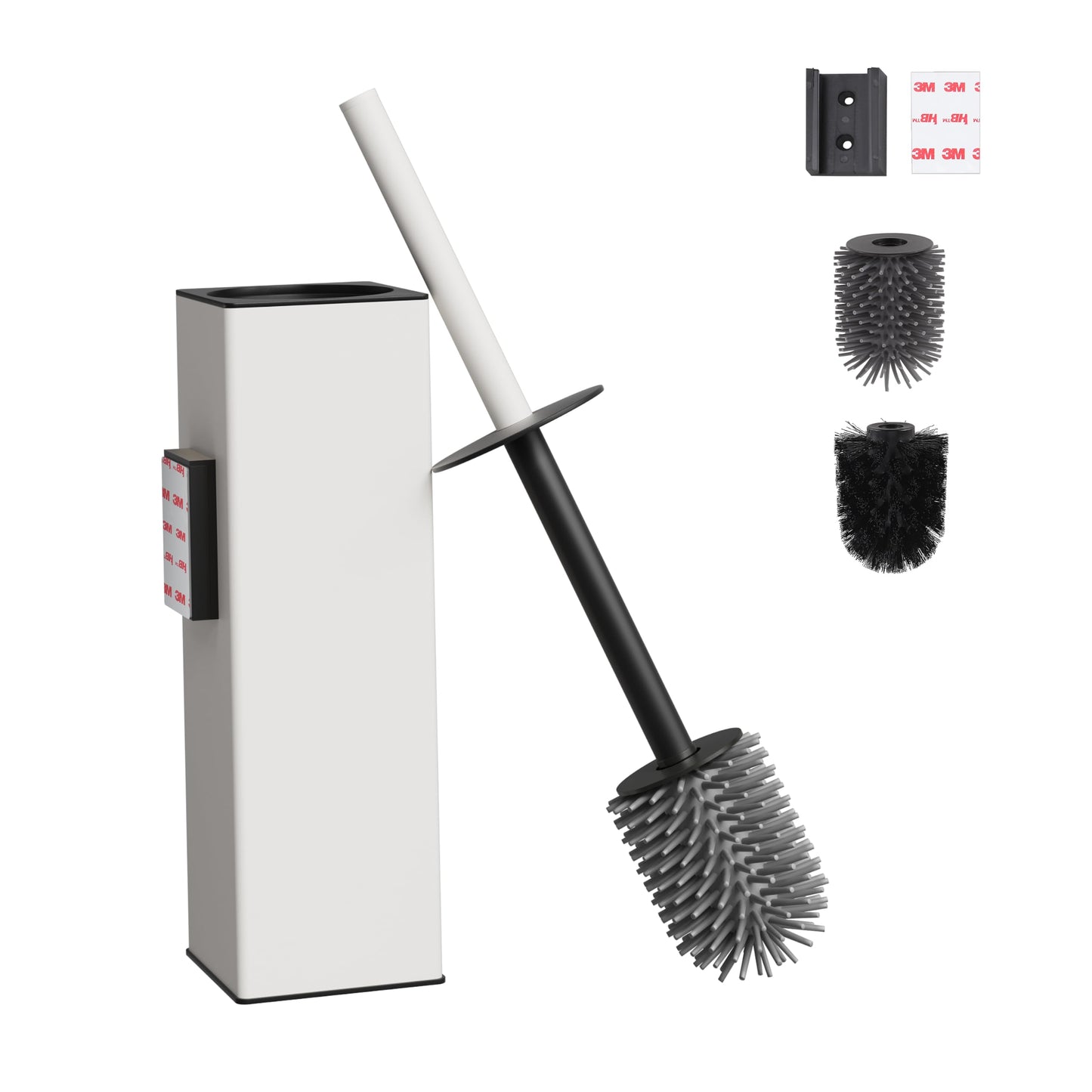 BVL Wall Mounted Matte White Toilet Brush, No Drilling Metal Toilet Brush Holder Includes 2 Brush Heads, Silicone Head Square Holder