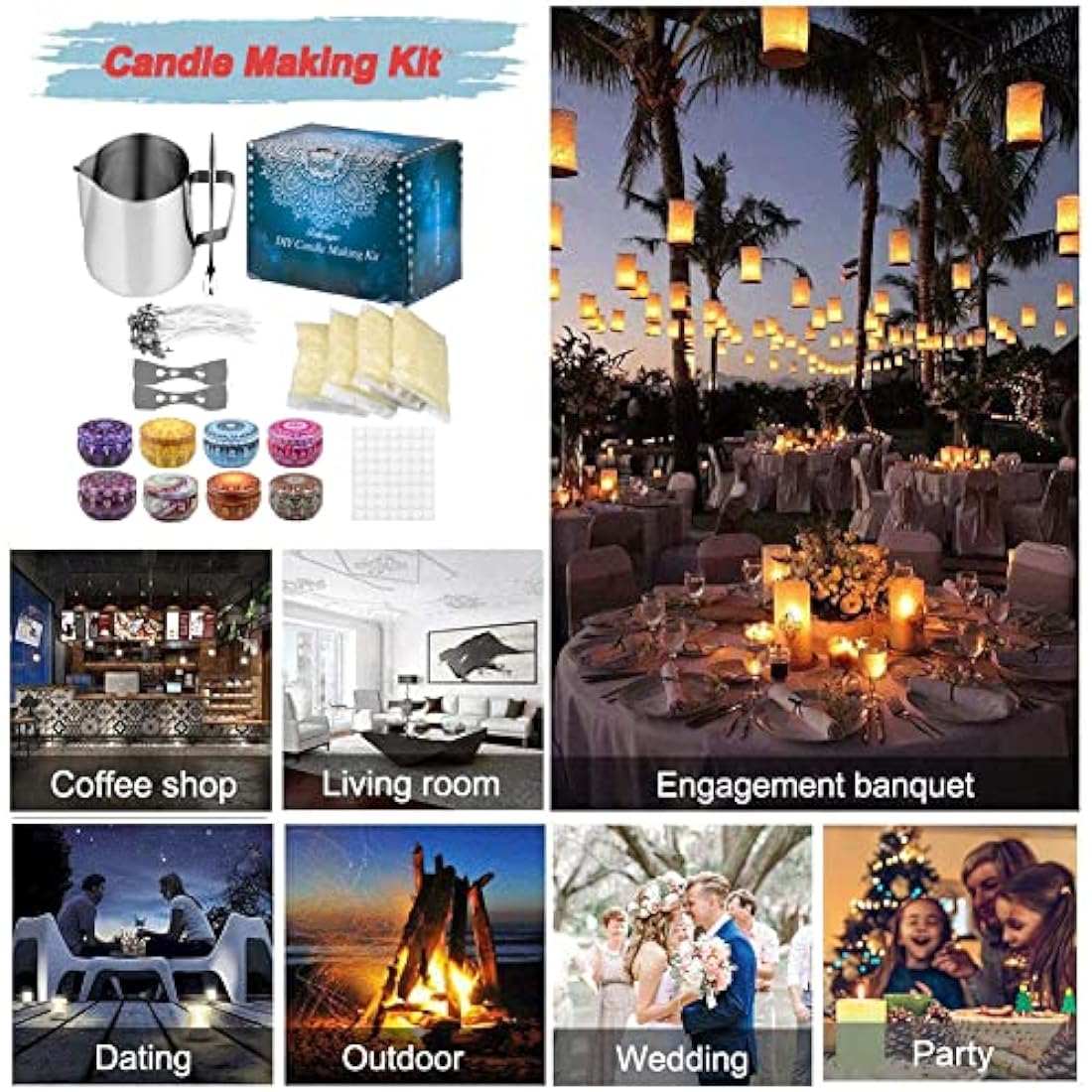 Candle Making Kit, DIY Candle Making Kits Include 50 Candle Wicks, 56 Wicks Sticker, 8 Candle Tins,1 Candle Make Pouring Pot, 4 Pack Candle Wax