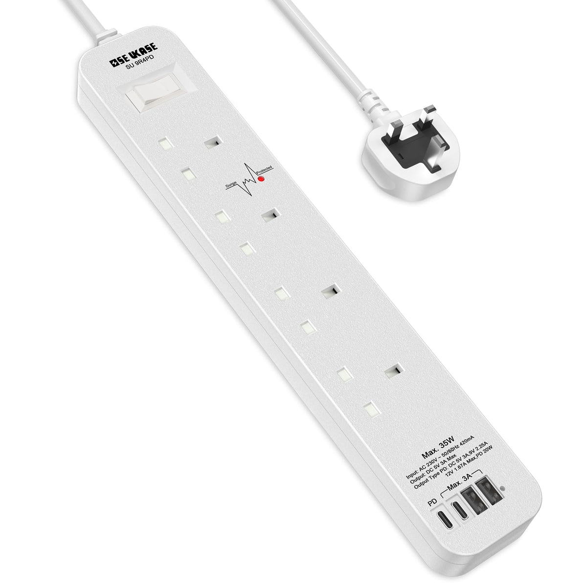 SE UKASE Extension Lead with USB C PD 20W, 4 Way Socket 1200 Surge Protection with 2M /6.56FT Long Extension Cord Multi Plug 2990W Safety Shutter for