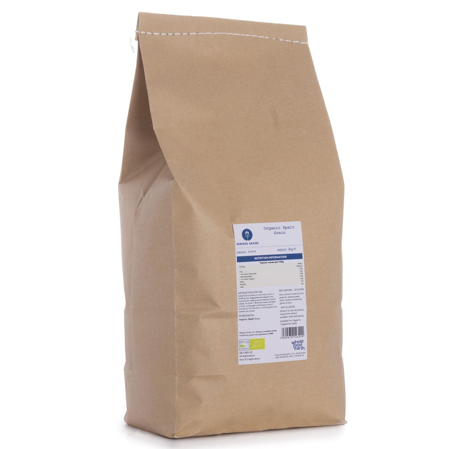 Whole Food Earth Serious Grains - Organic Spelt Grain (3 kg) - High Fibre Ancient Grain - Certified Organic, Non-GMO & Vegan - Ideal for Baking,