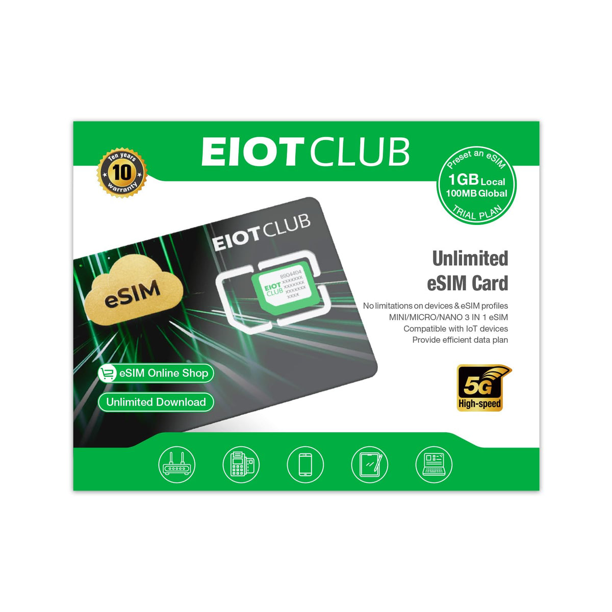 EIOTCLUB eSIM Card, Unlimited eSIM Downloads, travel esim card for USA, Asia over 200 coutries Worldwide, Free Data Roaming (Physical eSIM card)