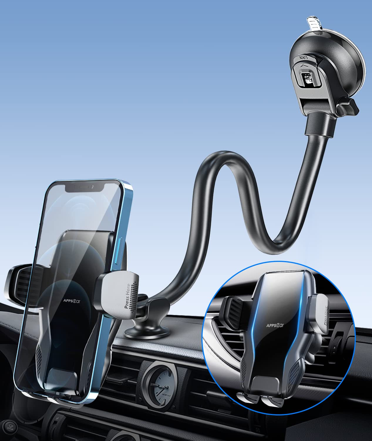 APPS2Car Gooseneck Truck Phone Holder, Suction for Van, Windscreen Dashboard Mount, Long Arm Gooseneck Adjustable Mobile Cradle, Universal Hands Free
