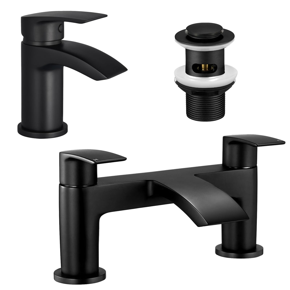 Peppermint Bath and Basin Mixer Taps Set with Pop up Slotted Basin Waste Matte Black Waterfall Bathroom Sink Tap & Bathtub Filler Tap Tub Faucet