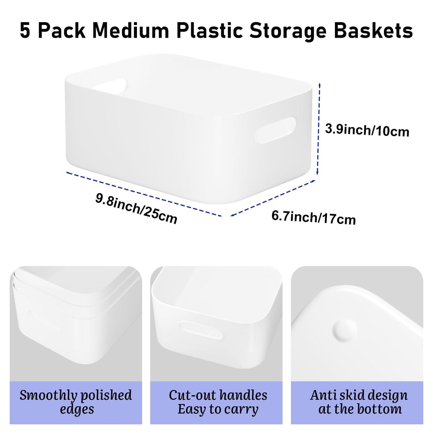 W&H 5 PCS White Plastic Storage Baskets with Handle, Medium Kitchen Cupboard Organiser Box, Storage Boxes for Shelves, Plastic Boxes for Bathroom