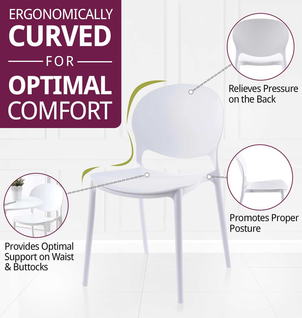 Hallowood Furniture Stoker Plastic Stackable Dining Chairs Set of 4, White