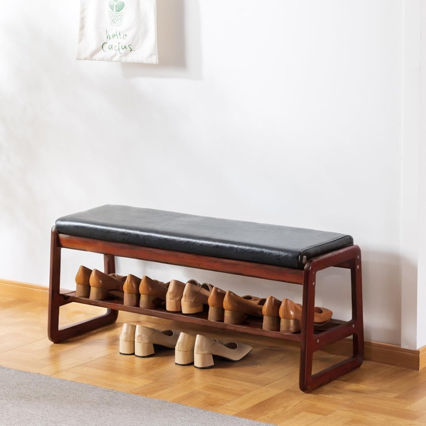 SOBIBO Solid Wood Shoe Bench, 2-Tier Wooden Storage Entryway Bench, Mid-Century Modern Shoe Bench Rack