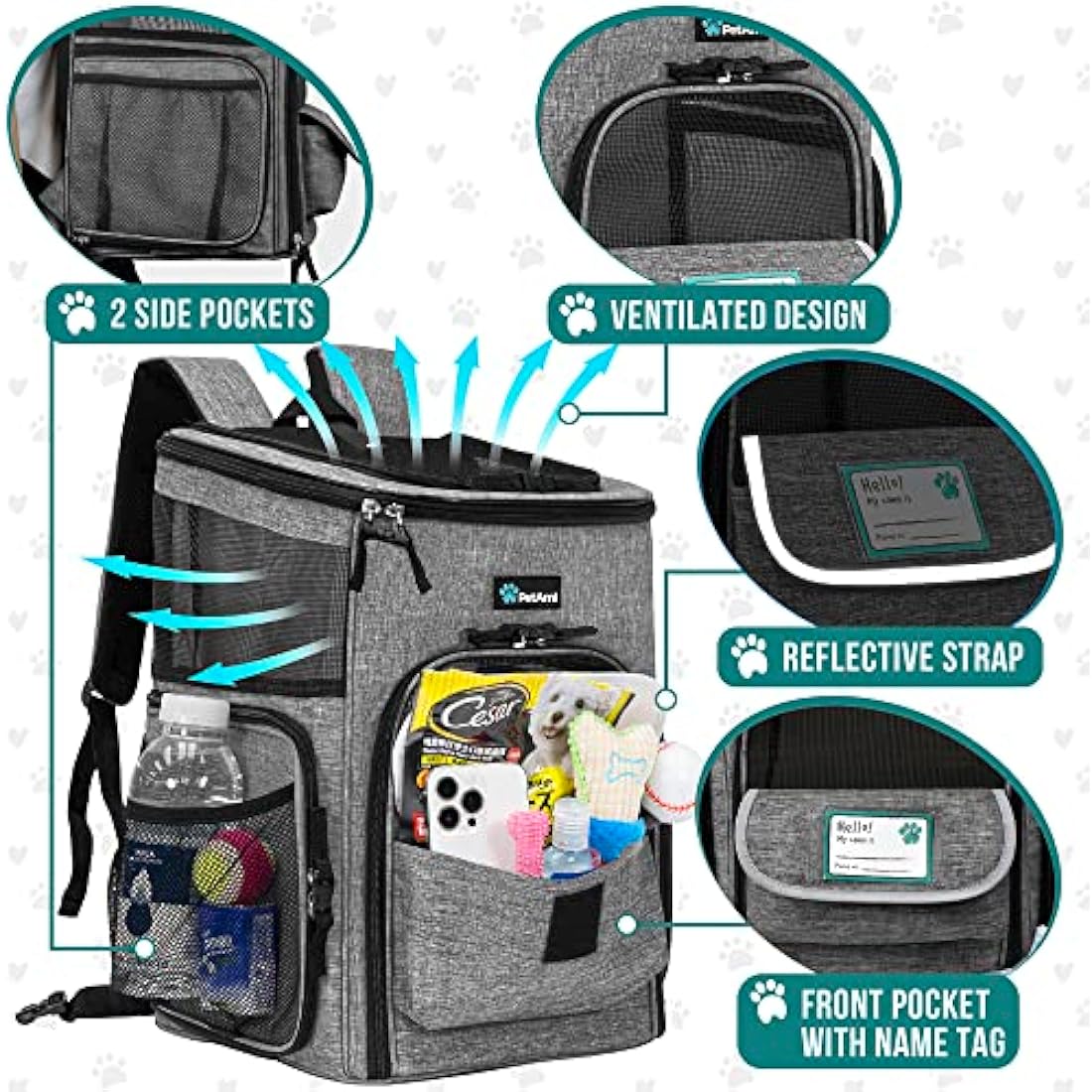 PetAmi Pet Carrier Backpack for Small Cats, Dogs, Puppies | Airline Approved | Ventilated, 4 Way Entry, Safety and Soft Cushion Back Support | Collapsible for Travel, Hiking, Outdoor (Heather Gray)
