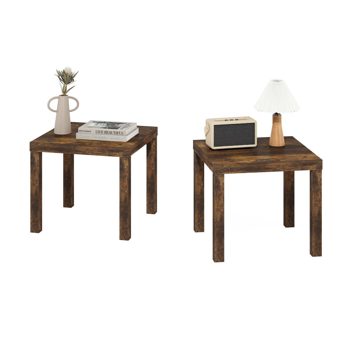 Furinno CLASSIC Side Table Set of 2, Square End Table with 1.8 Thick Tabletop, Night Stand, Bedside Table, for Living Room, Bedroom, Amber Pine