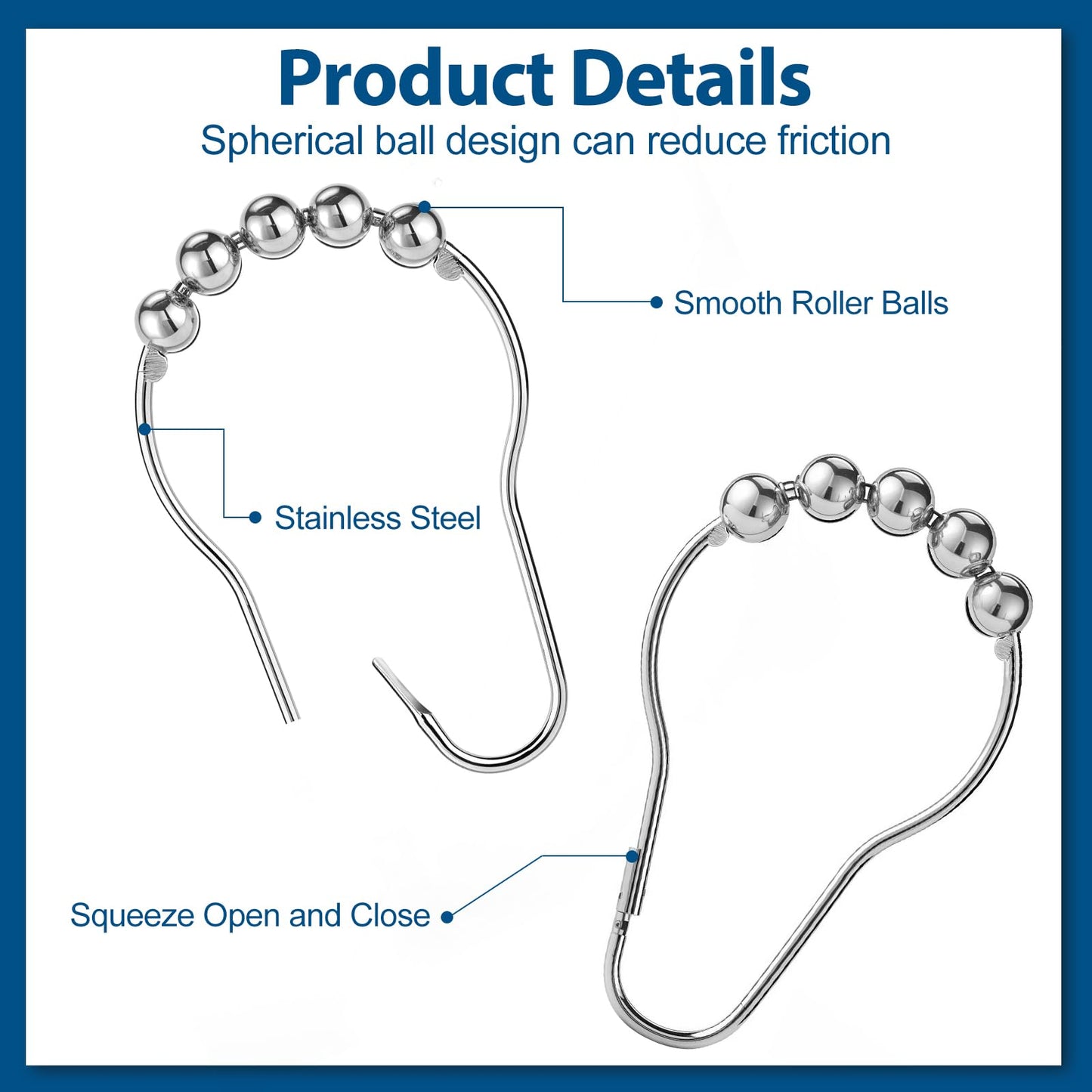 12 Pack Shower Curtain Rings, Stainless Steel Hooks, 1.5 Inch, Silver