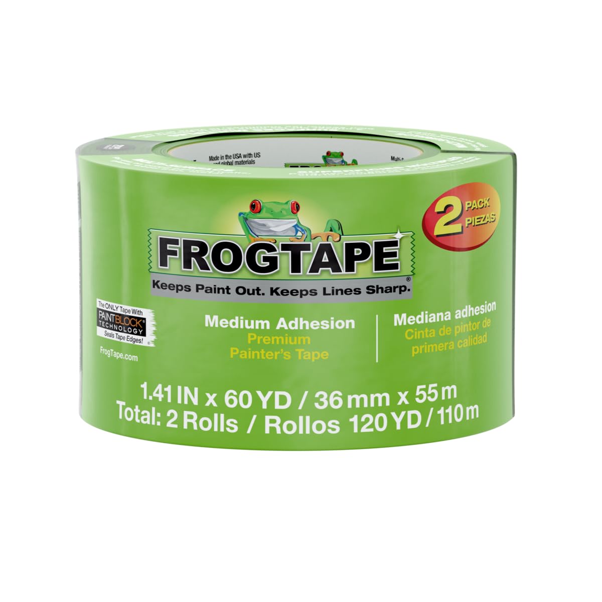 Frog Tape Multi-Surface Masking Tape for Painting 36mm x 55m, Decorators Tape, Painters Masking Tape for Indoor Painting & Decorating - Pack of 2