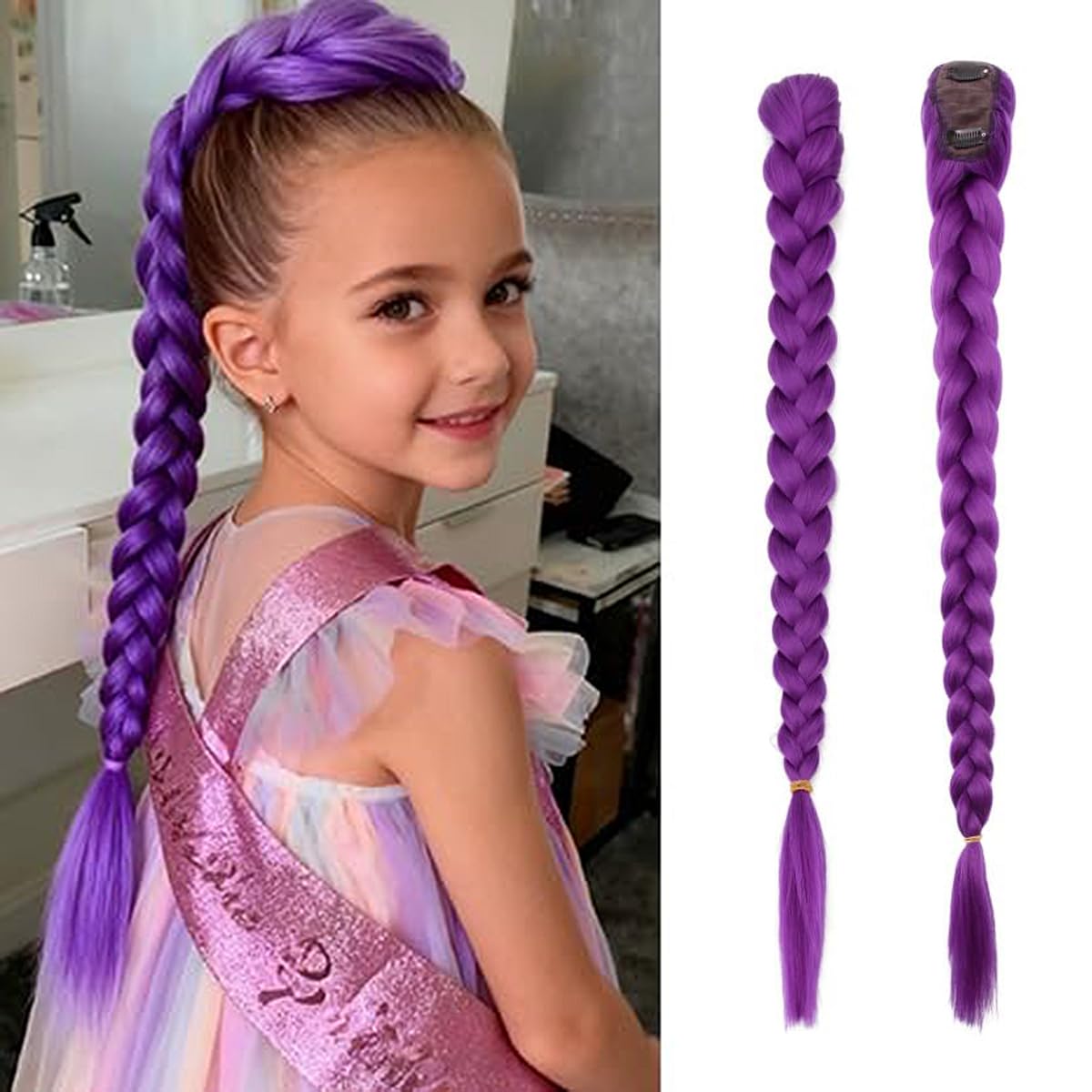 Rumi Hair, 26 Inch Long Purple Braid Ponytail Extensions Pre Stretched Purple Hair Extensions for Braids Easy Clip in Ponytail for Cosplay Halloween