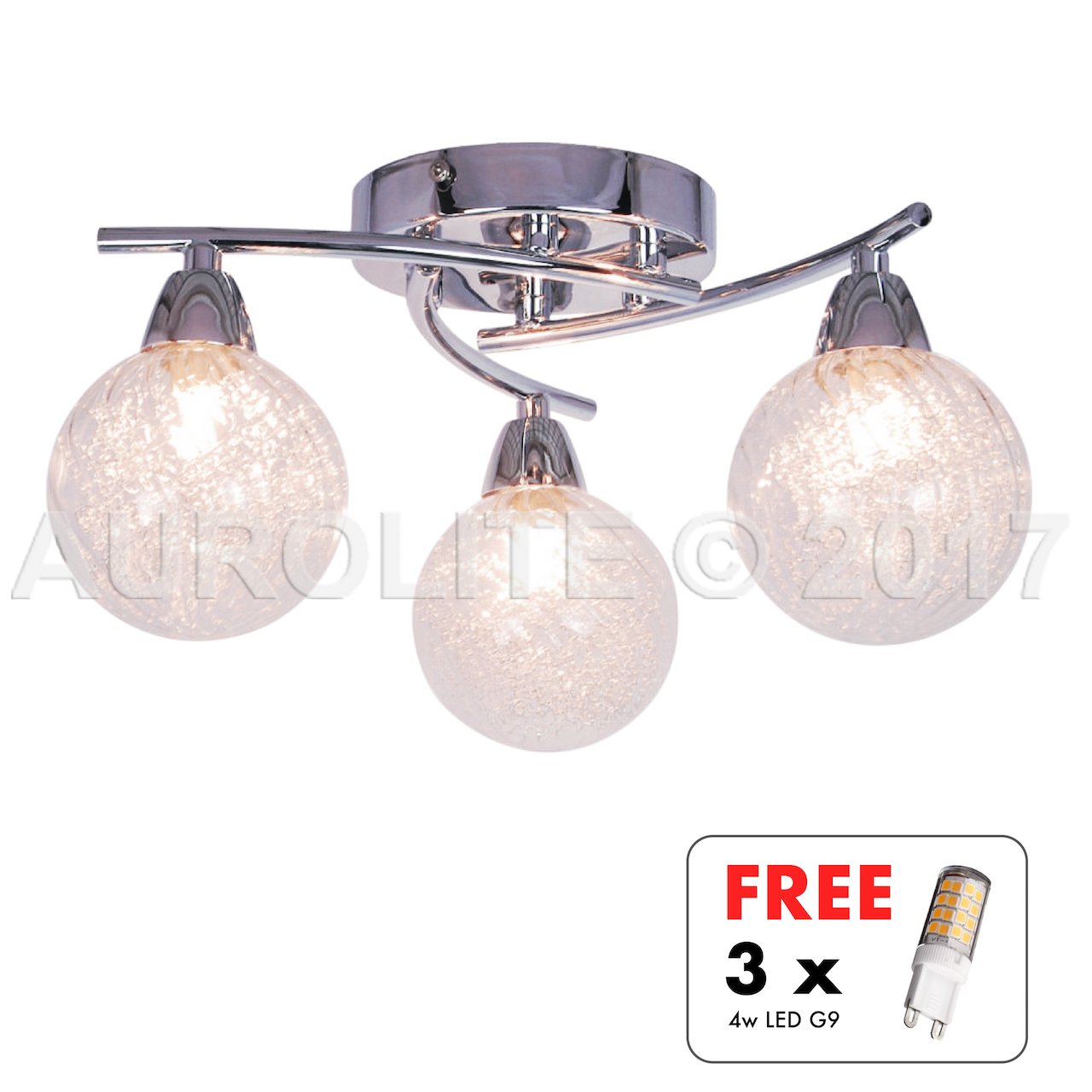 AUROLITE AL1031 BOLLA 3xG9 LED Semi Flush Ceiling Light, Polished Chrome Finish, 12W, Ideal for Living Room, Bedroom, Kitchen, and Hallway, Straight,