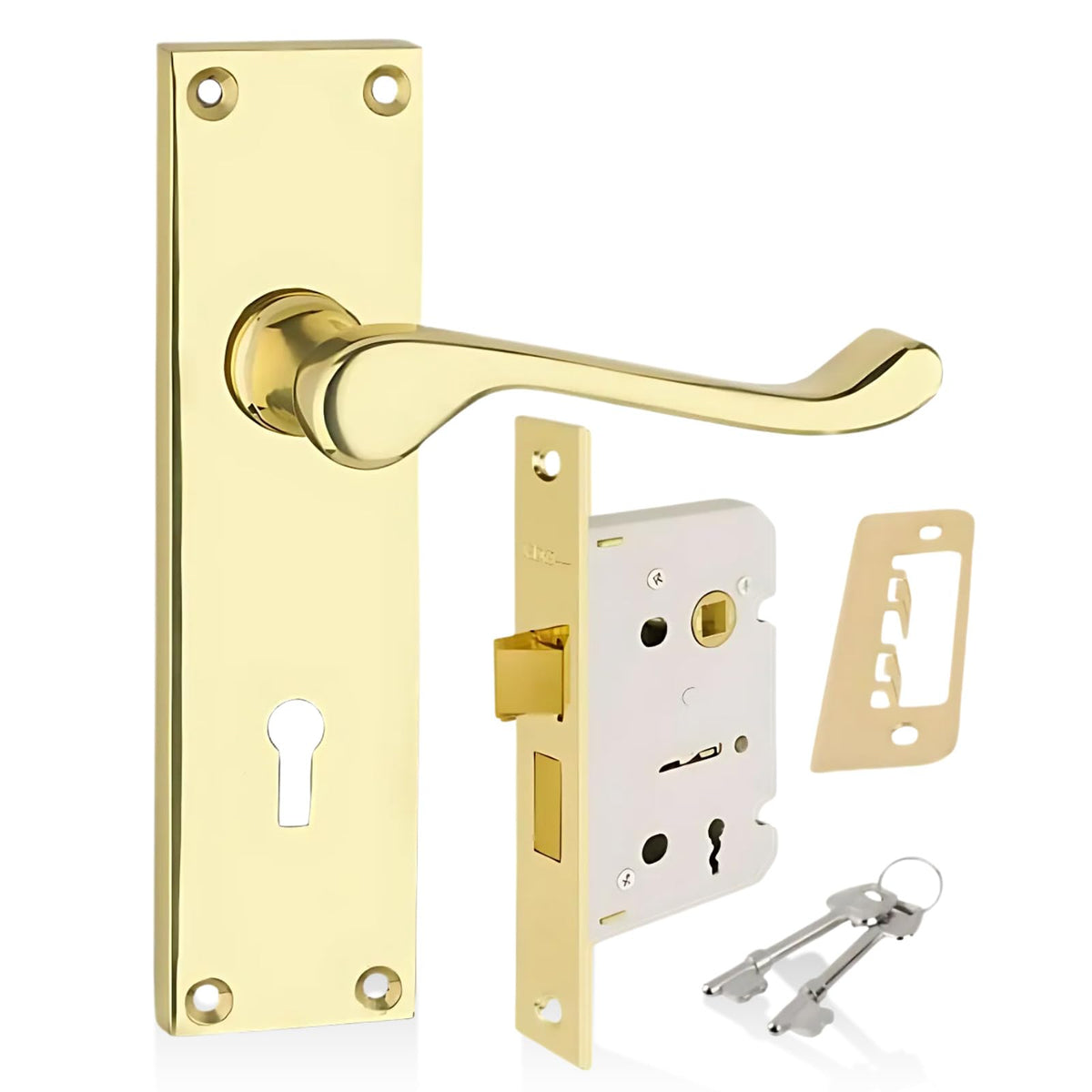 HANDLESTORE Victorian Scroll Locking Lever Door Handle on Backplate ? Polished Brass Interior Handles with 2.5" Mortice Sash Lock & Screws (Pair)