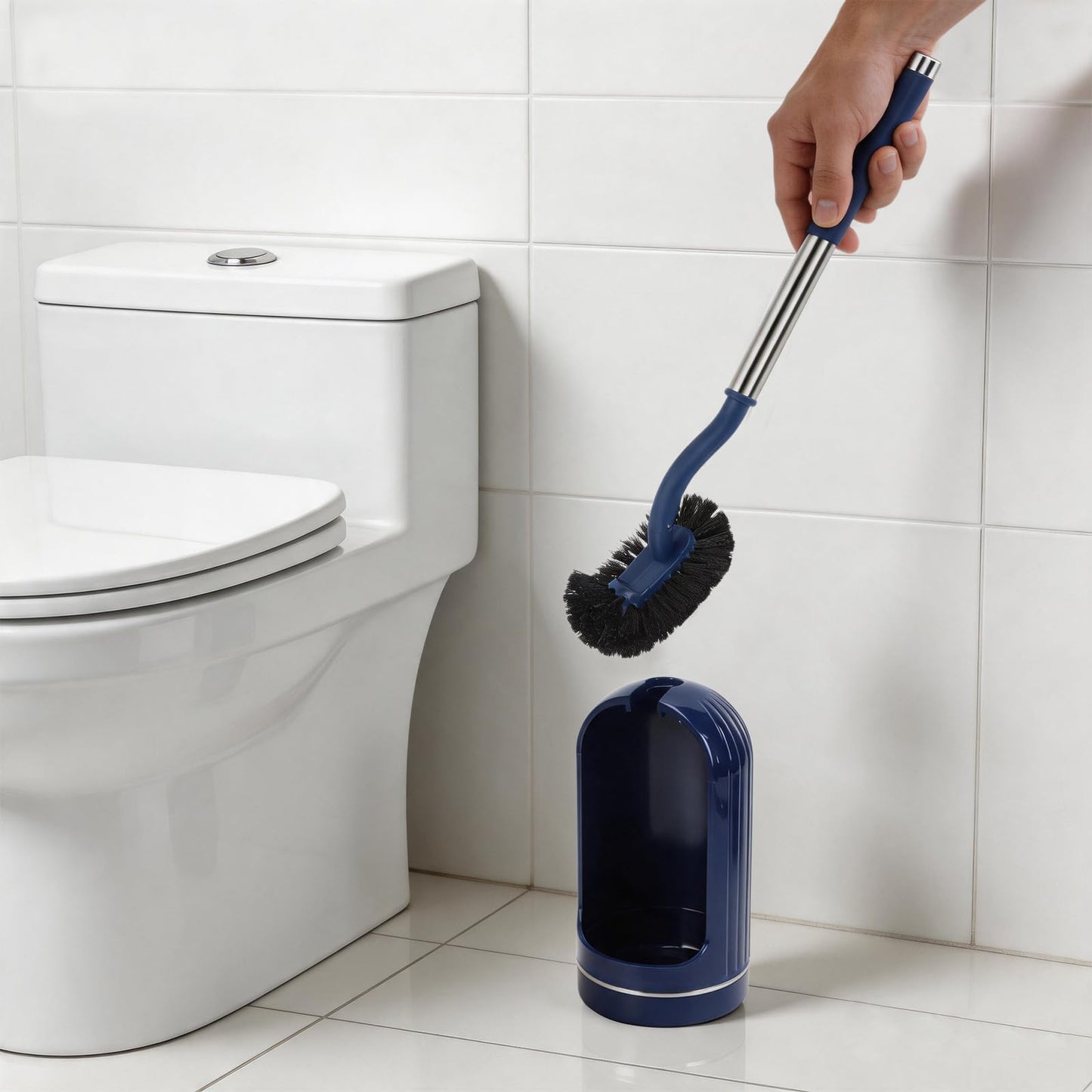 Toilet Brush, Toilet Brushes with Holders, Curved Toilet Brush with Edge Cleaner, Stainless Steel & Plastic Handle, Bathroom Cleaning Brush