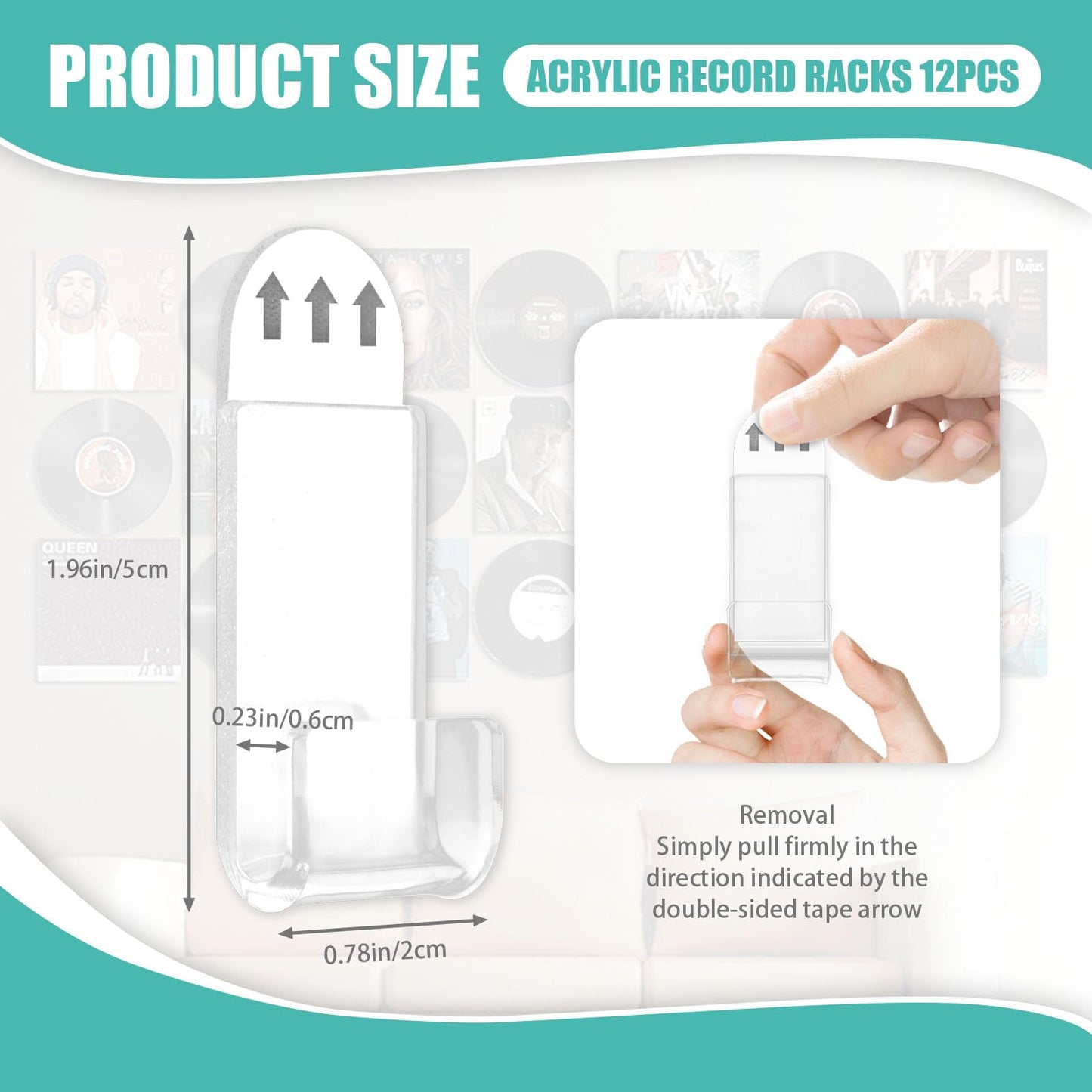 Huakaile 12 Pieces Acrylic Vinyl Record Wall Mount with Adhesive Tape, No Screw Record Display Shelf Storage Hangers