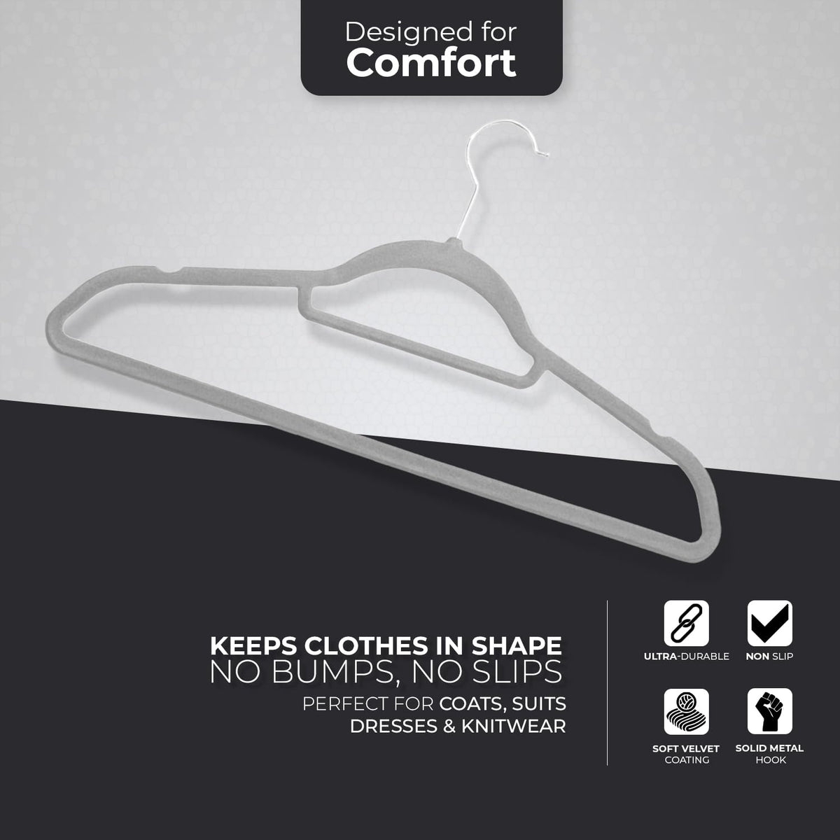 Roe Tenpo Coat Hangers, 20 Pack, Grey | Velvet Hangers for Clothes with Tie Bar & 360° Hook | Durable & Sturdy | Non-Slip