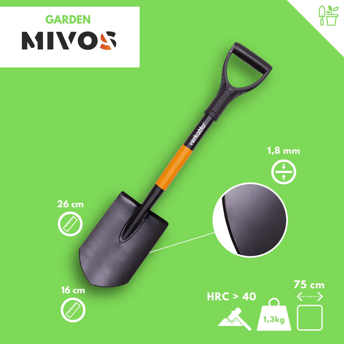 MIVOS Hardened Steel Pointed Spade - 75 cm - Mini Field Spade with Metal Handle and D-Handle - Shovel - Gardener Spade - Small Pointed Shovel for