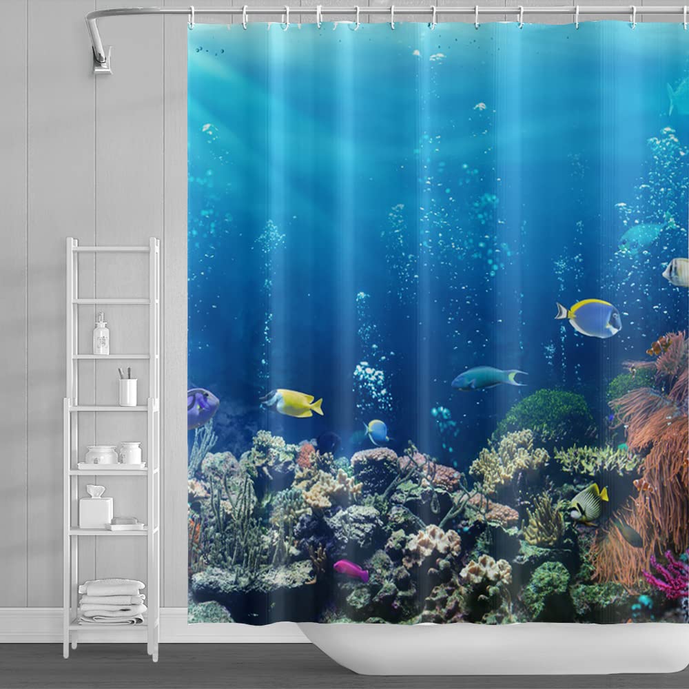 SDOTPMT 140x183cm Ocean Tropical Fish Shower Curtain Underwater Sea Animal Coral Reef Bath Curtain Summer Blue Ocean Bathtub Curtain for Kids