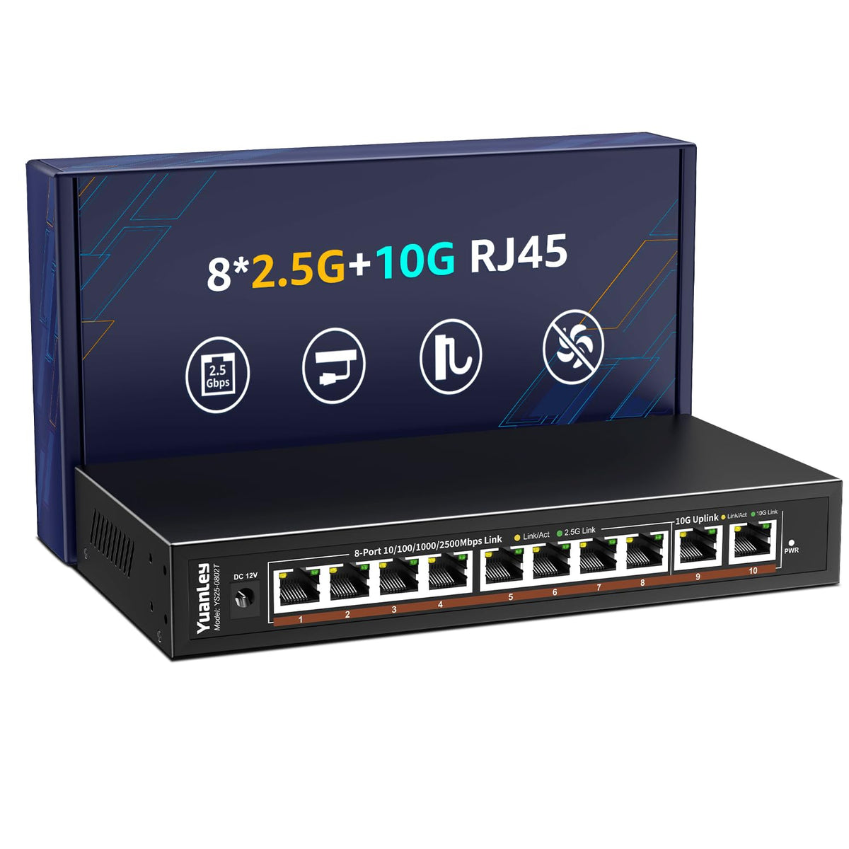 10 Port 10G Ethernet Switch Unmanaged, 8 x 2.5G Base-T Ports, 2 x 10Gb RJ45 Ports, Compatible with 100/1000/2500Mbps, Metal Fanless, YuanLey 2.5Gbe
