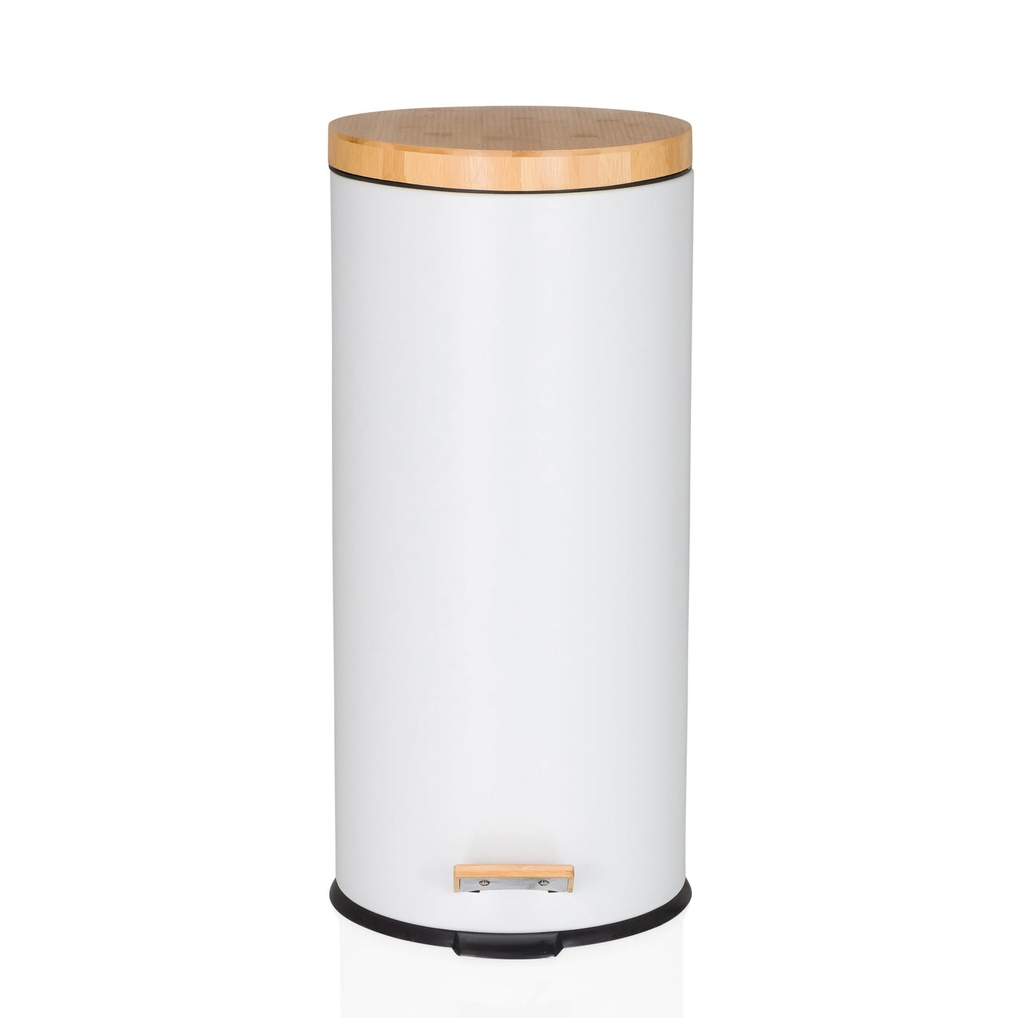 hjh OFFICE waste garbage can 30 liters, pedal bin with bamboo lid, softclose CLEAN BAMBOO metal waste garbage can with inner bin, white matt