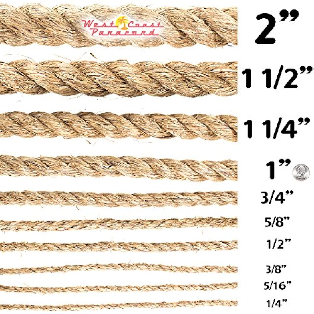 West Coast Paracord Twisted Manila Hemp Rope in 1/4 inch, 5/16 inch, 3/8 inch, 1/2 inch, 5/8 inch, 3/4 inch, 1 inch, and 2 inch Widths & Several Lengths