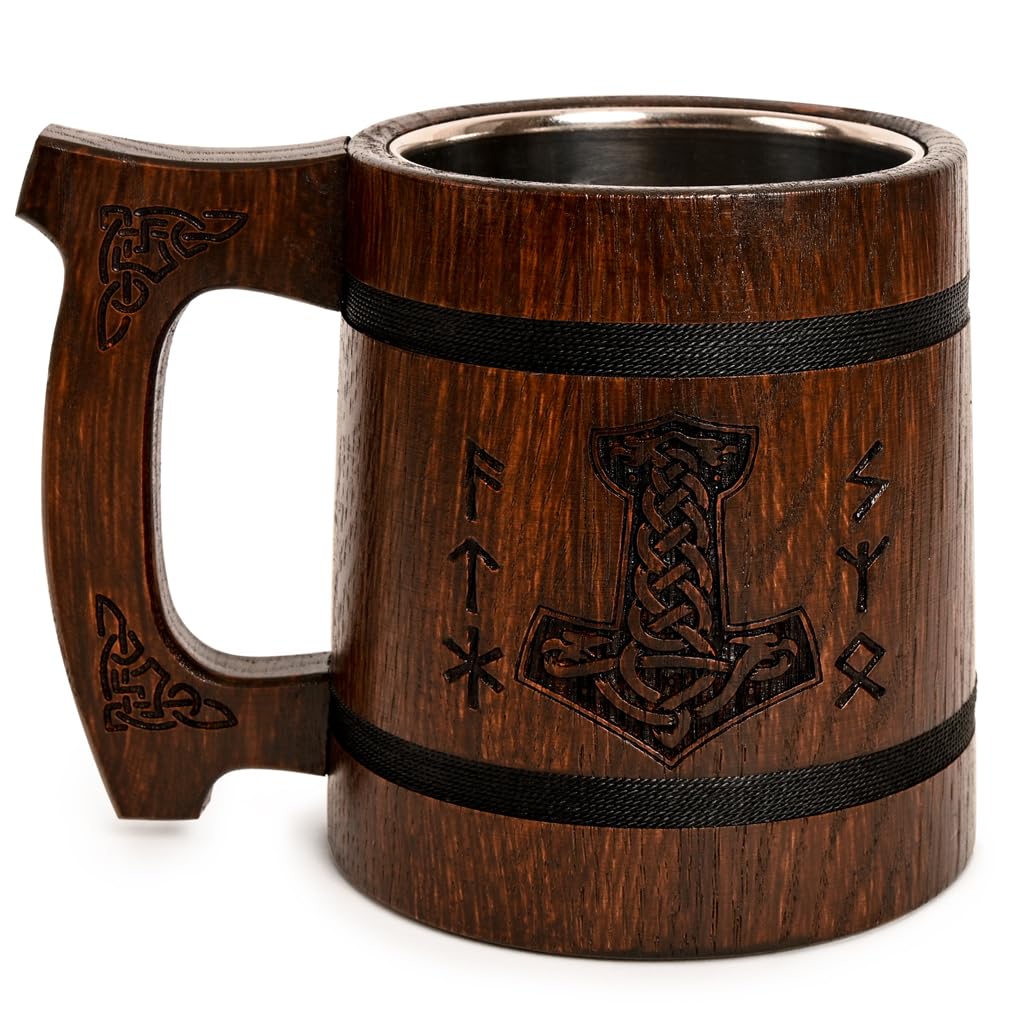 Teslyar Viking Beer Mug Tankard for Men - 0.6 liters 20 Ounces Handmade Oak Wood Stainless Steel Cup Authentic Design Xmas Gift | Birthday Gift|Gifts
