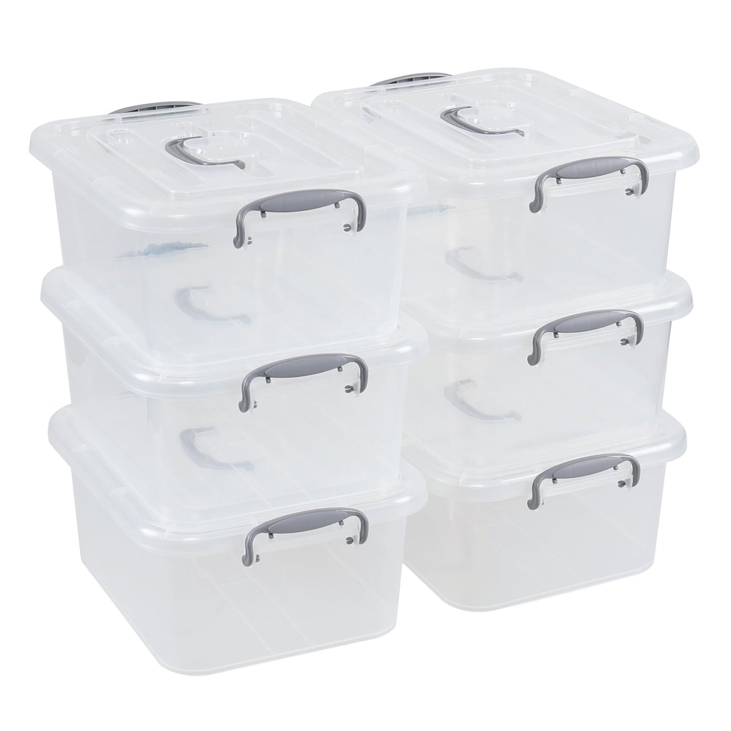 Lasbily 6-Pack Plastic Latching Box with Grey Handles, 8 L Clear Storage Box with Lid