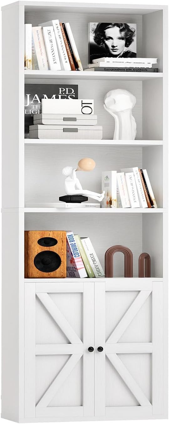 oneinmil Tall Bookshelf, 6 Tier Bookcase with Cabinet Doors, Modern Bookshelves Display Rack, Storage Cabinet for Home, Office, Living Room, White