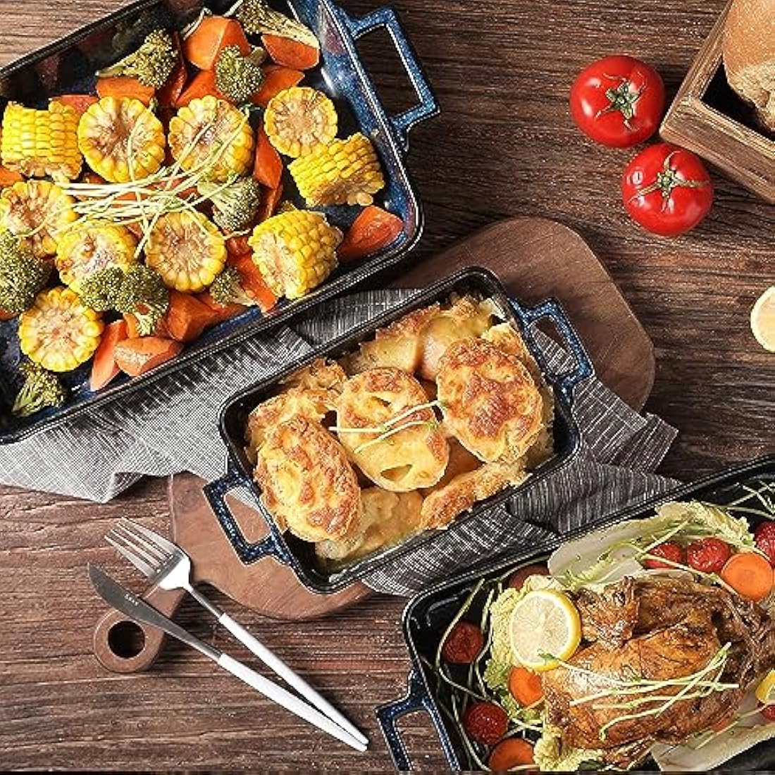 VICRAYS Ceramic Bakeware Set, Porcelain Rectangular Baking Dish, Baking Pan Lasagna Pans Casserole Dish Set for Cooking, Kitchen, Cake Dinner, Banquet and Daily Use, 3 PCS, 15 x 8.5 Inches(Blue)