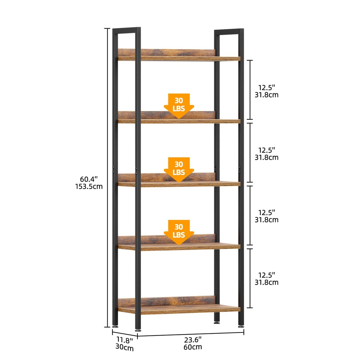 APPOLYN 5 Tier Bookshelf, Open-shelf Bookcase with Backboard, Rustic Brown