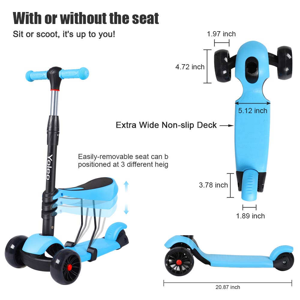YOLEO Kids Three Wheel Kick Scooter with Removable Seat, LED Flashing Wheels, Height Adjustable, 3-in-1 Lightweight Children's Scooter Boys and Girls