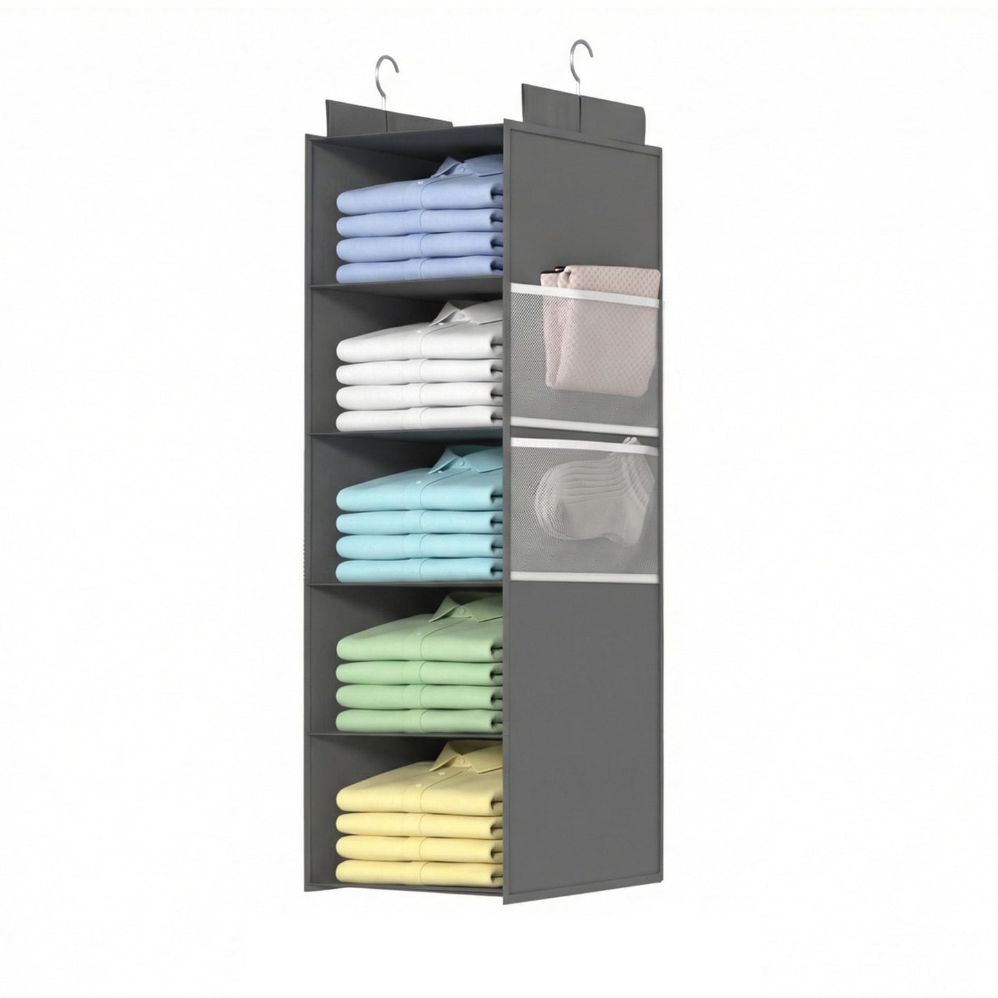 ALLTIDYUP Extra Deep Hanging Wardrobe Organizer – 5-Shelf Closet Storage with Large Mesh Pockets, Heavy-Duty Clothes Organizer, Perfect for Dorms