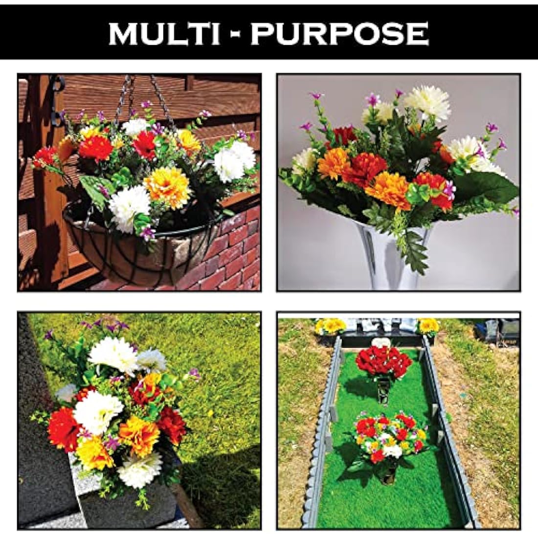 Bagari 41cm Artificial Flowers for Graves- Fake Bunch with 16 Heads Large Mixed Ivory- Red-Orange Bush Flowers Delivery Next Day Prime- Plastic Fresh Bouquet for Outdoor & Indoor Events Wedding Party