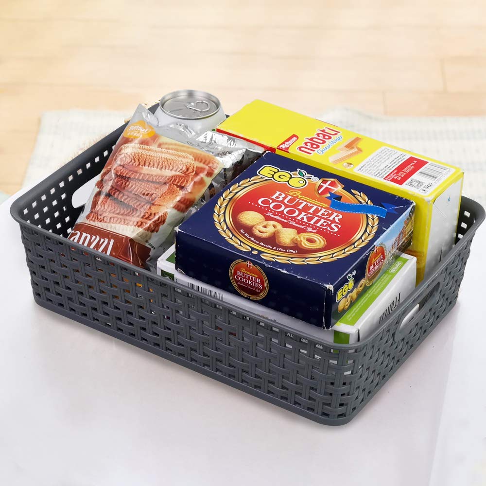 Yarebest 6 Packs Grey Woven Storage Baskets, Plastic A4 Shallow Tray Basket