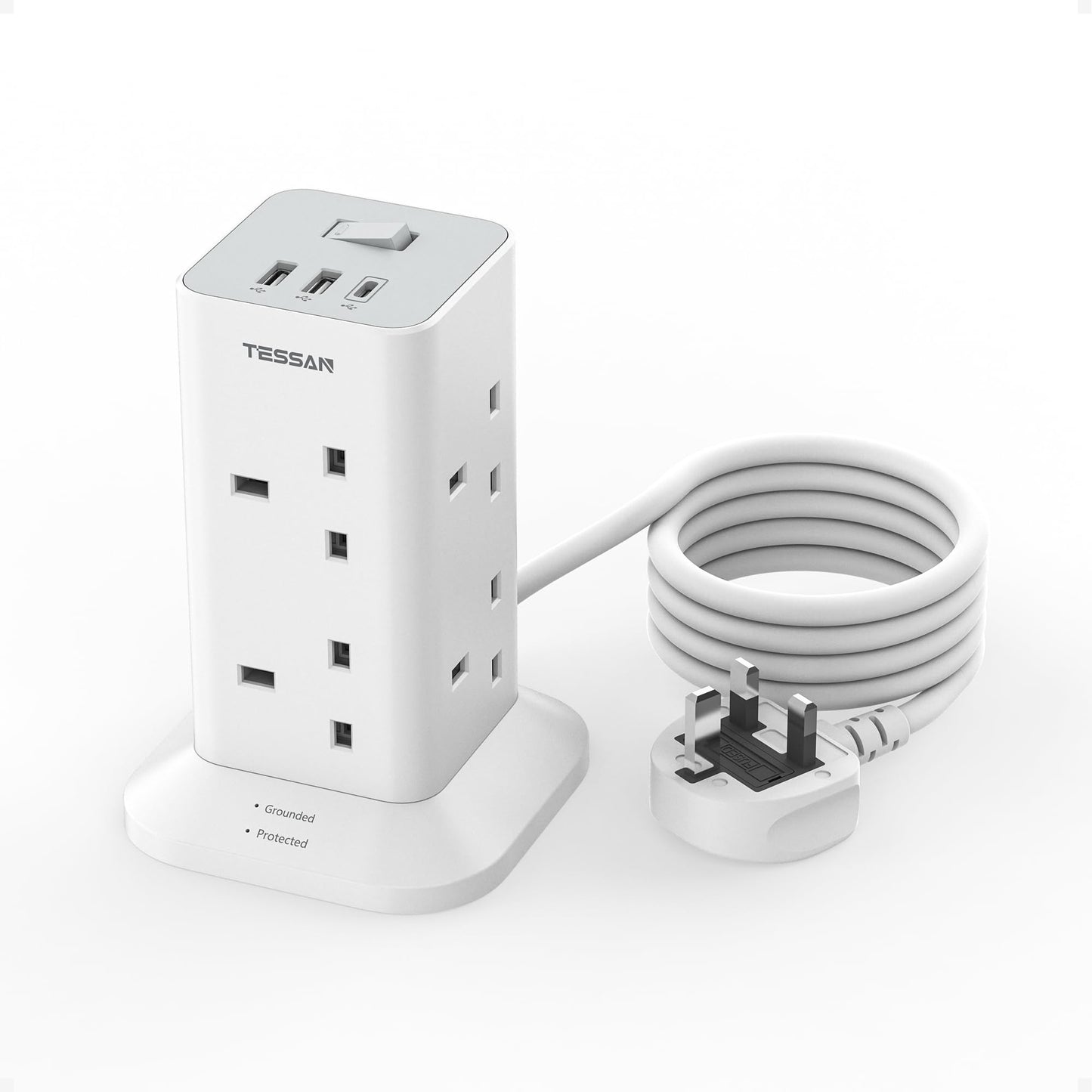 Tower Extension Lead with USB C Slots, TESSAN 8 Way Plug Extension Socket with Switch, Surge Protected Power Strip with 2M Cable for Home, School