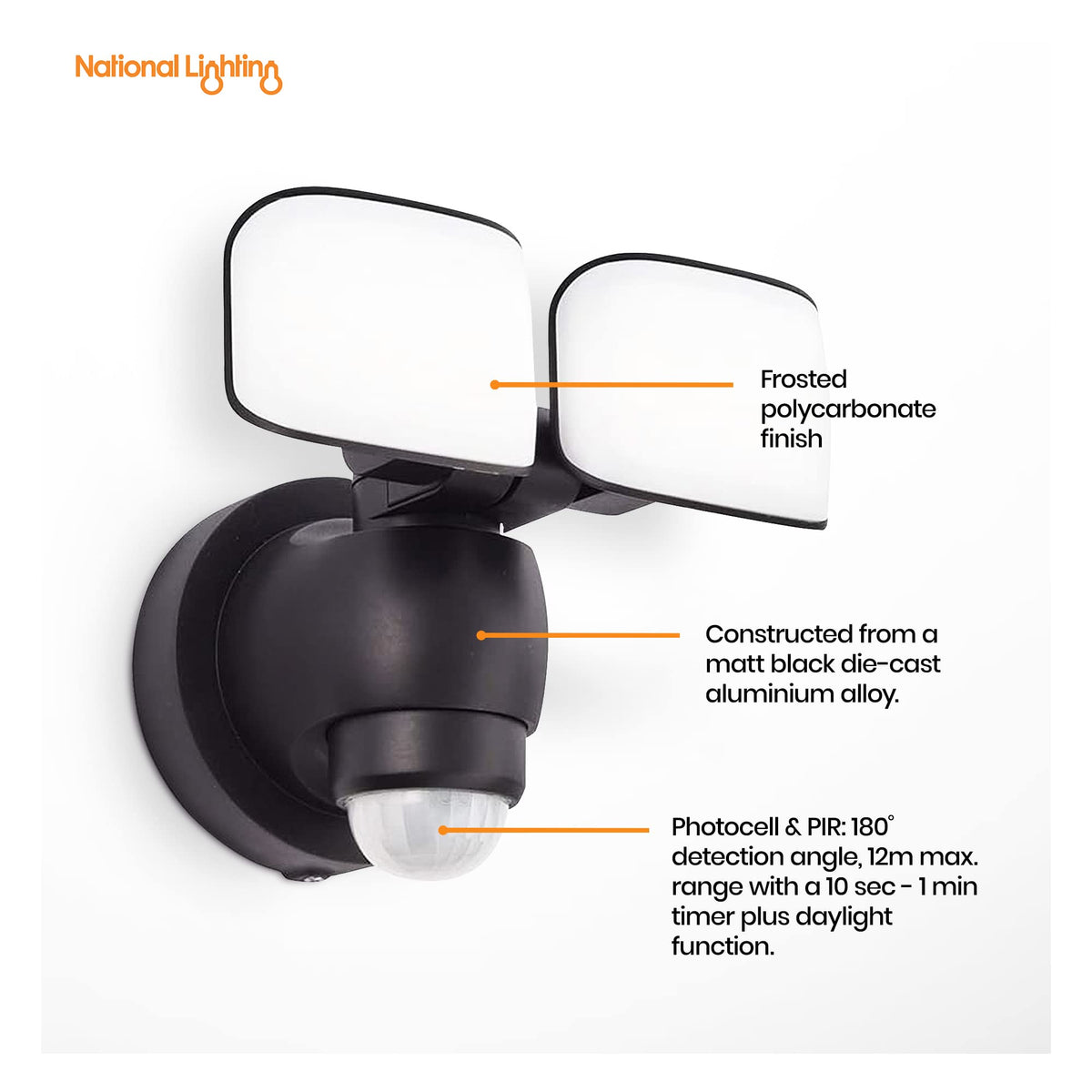 National Lighting Twin LED PIR Floodlight - IP44 Rated Outdoor Security Lights with Motion Sensor - Mains Powered Flood Lights Adjustable Double Head