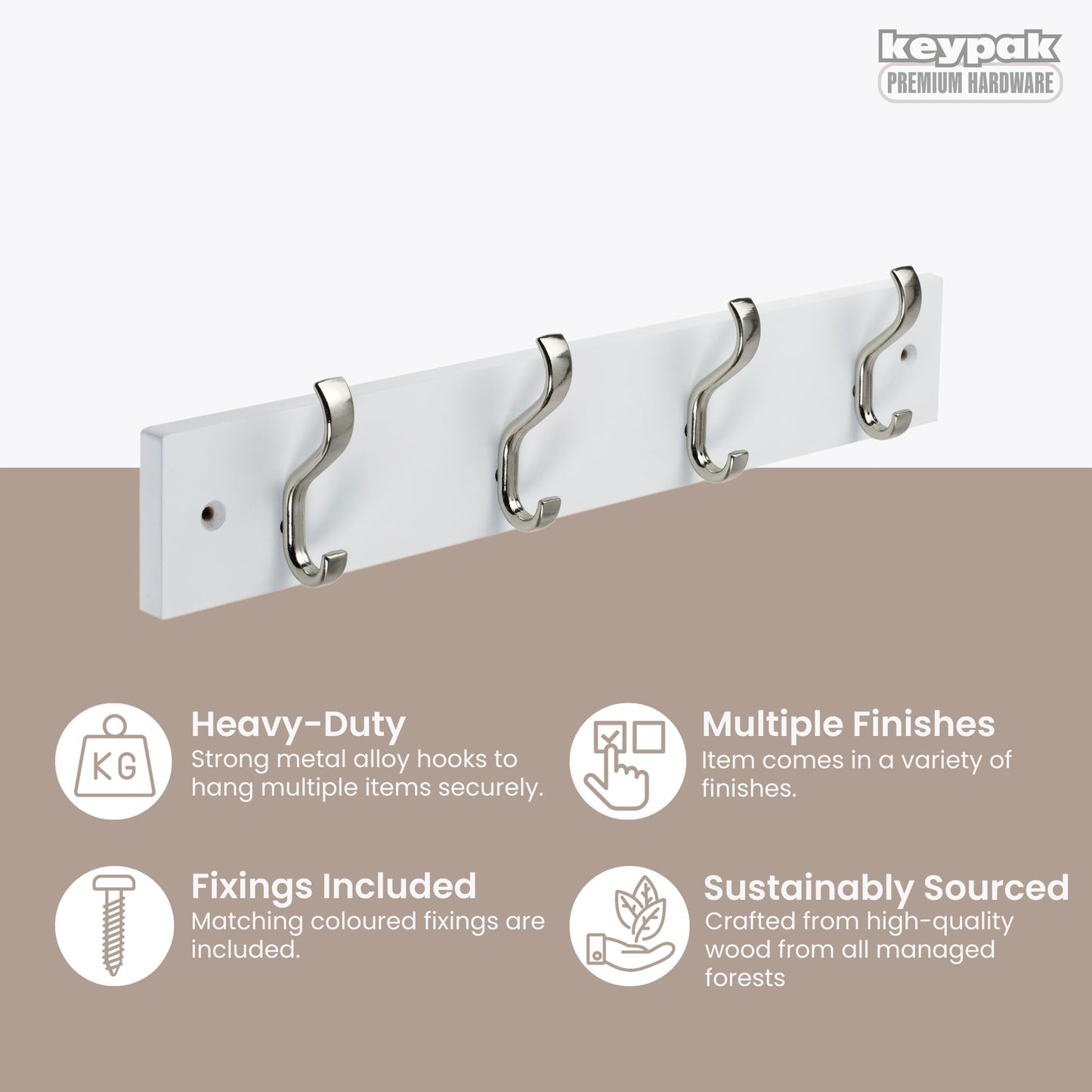 keypak Wall-Mounted Coat Rack – 4 Nickel Hooks on Stylish 38cm White Base