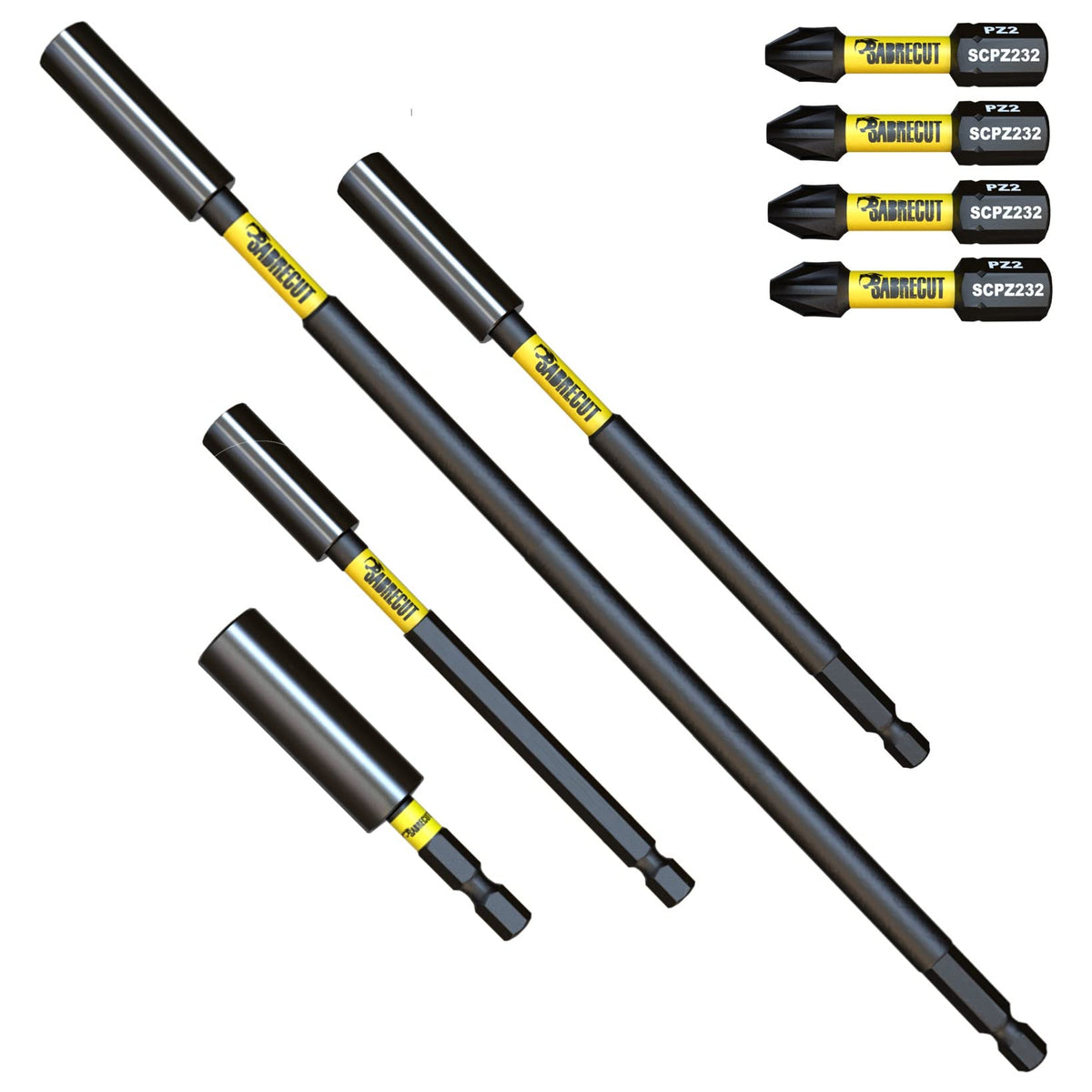 8 Piece SabreCut SCRK10 Magnetic 60mm 100mm 152mm and 305mm Professional Impact Bit Holders with 4 x 32mm PZ2 Screwdriver Impact Bits