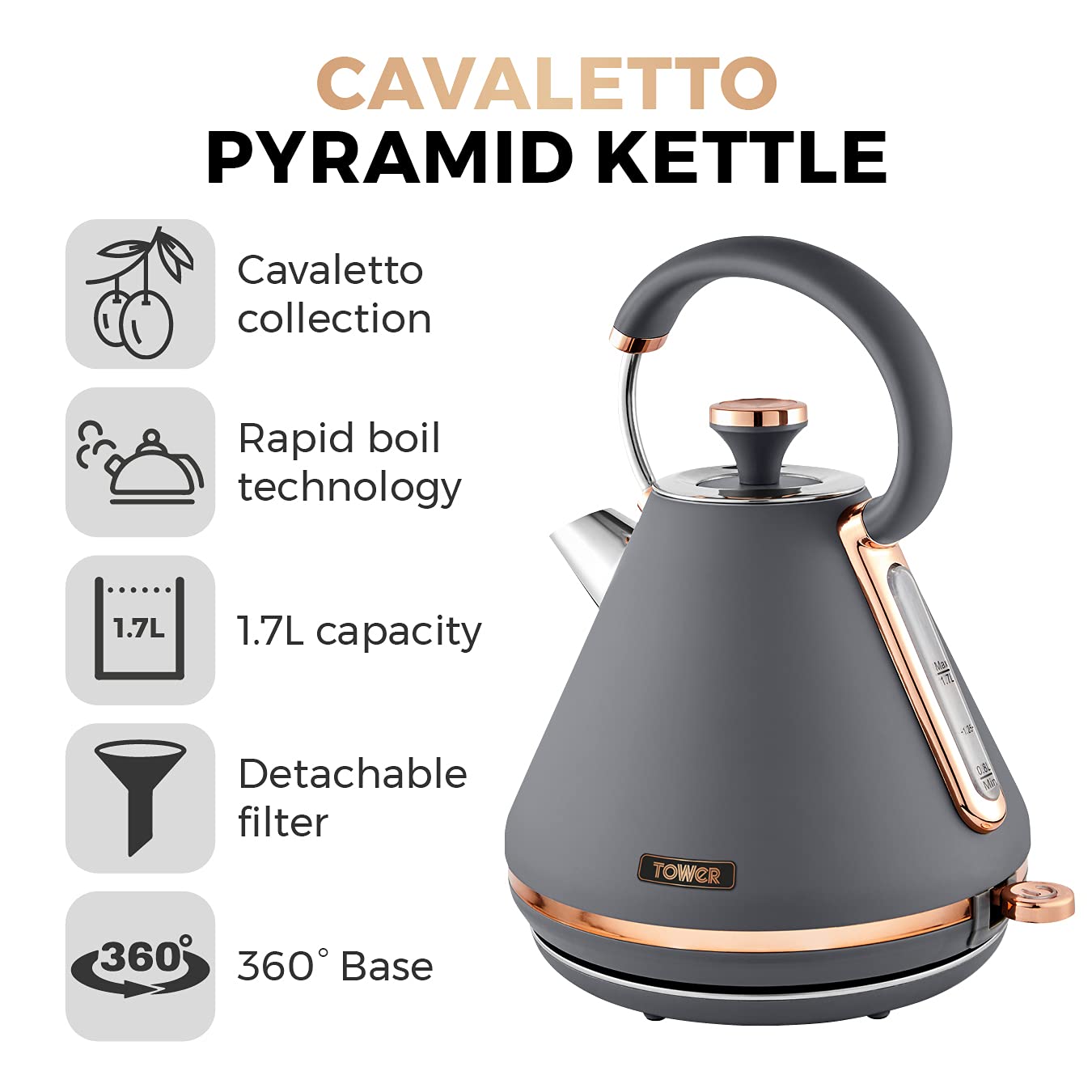Tower T10044RGG Cavaletto Pyramid Kettle with Fast Boil, Detachable Filter, 1.7 Litre, 3000 W, Grey and Rose Gold