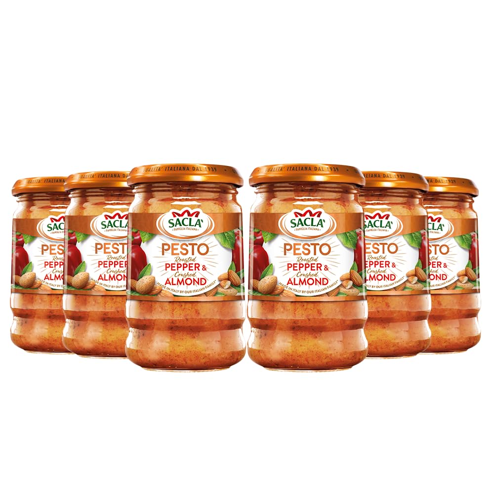 Sacla Italian Pesto Red Pepper and Almond - Perfect with Pasta, Roasted Veg, Chicken and Stuffed Peppers - Made with Basil Leaves, Sweet Red Peppers,